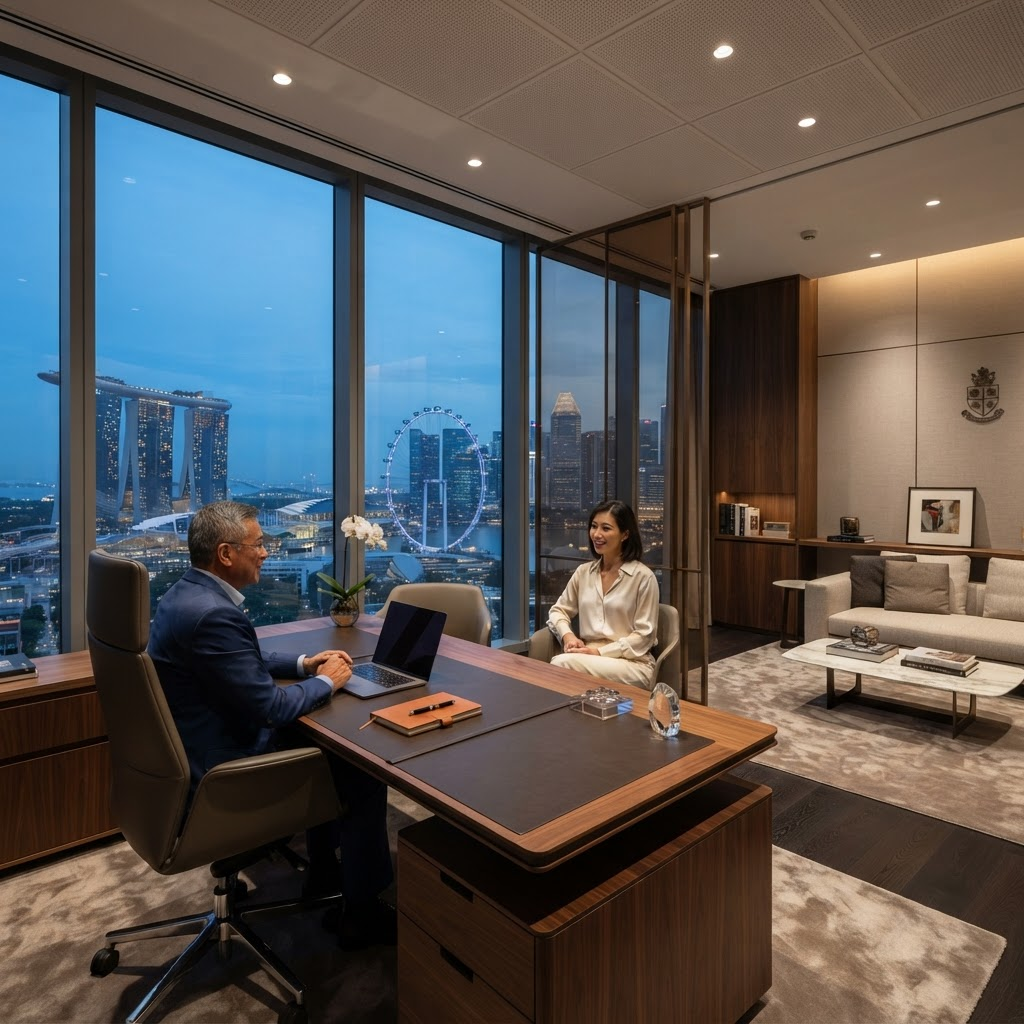 Modern luxury family office interior with Singapore skyline